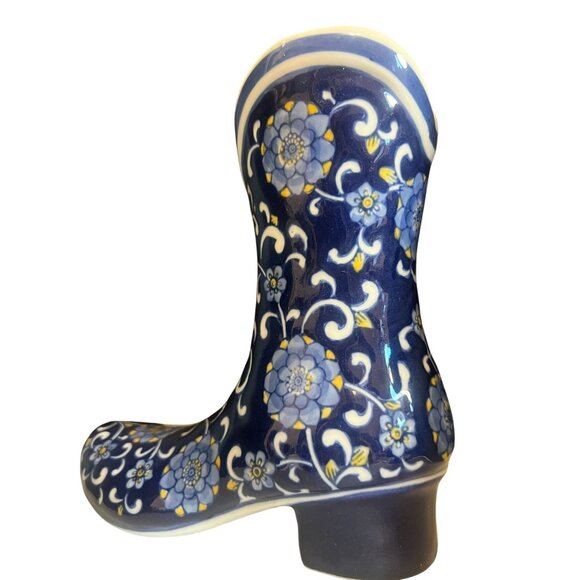 Vtg Chinoiserie Western Cowboy Boot Porcelain Vase Blue White Floral Texas Rodeo - Picture 3 of 7